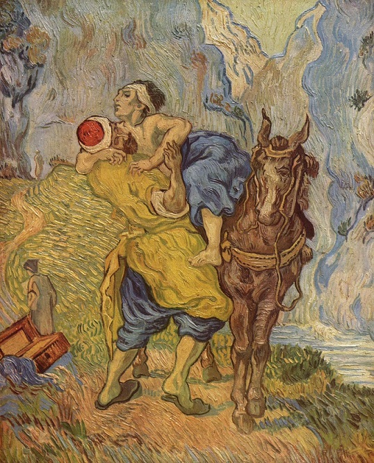 Une peinture avec deux personnages et un cheval