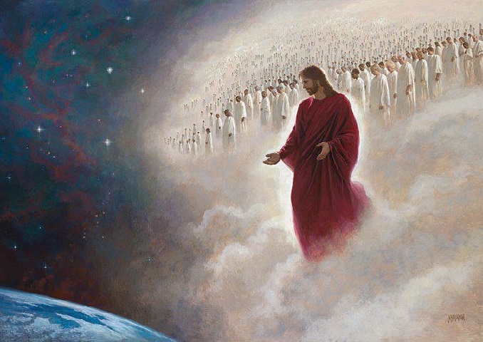Jésus-Christ et une foule dans le ciel regardant la terre