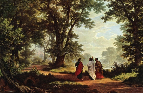 peinture représentant trois hommes dans un forêt