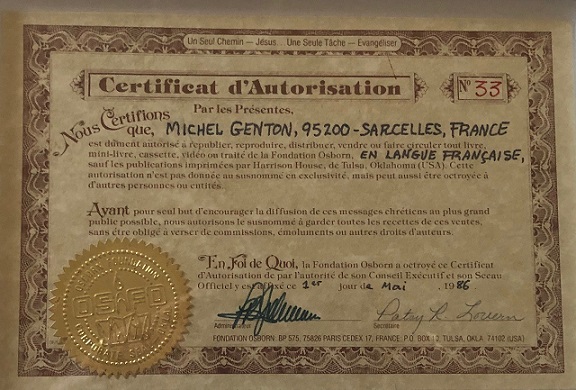 Certificat d'ordination de la fondation Osborn à Michel Genton
