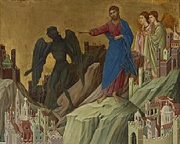 Jesus entre le démon est les fidèles. Jesus se bat à leur place
