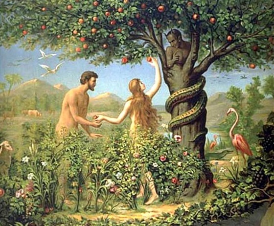 Reproduction du jardin d'Eden avec Adam et Eve mangeant du fruit défendu