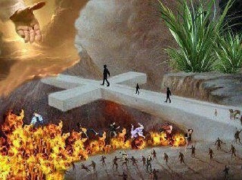 Une immence croix eu sol servant de passage aux être humains. Une main venu du ciel vers les hommes