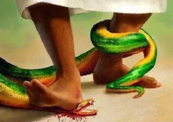 le talon du corps de Christ écrase la tête du serpent